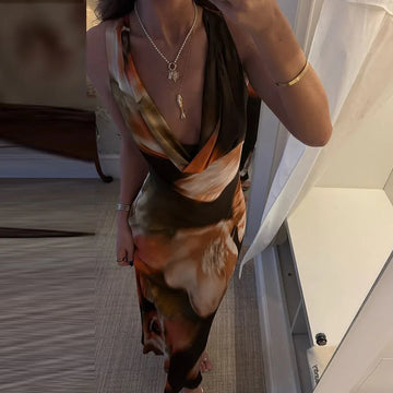 MQTIME  -  Elegant Swing Neck Low Cut Skinny Long Dress Women Sexy Sleeveless High Waist Party Dress Fashion Printed Draped Evening Dresses